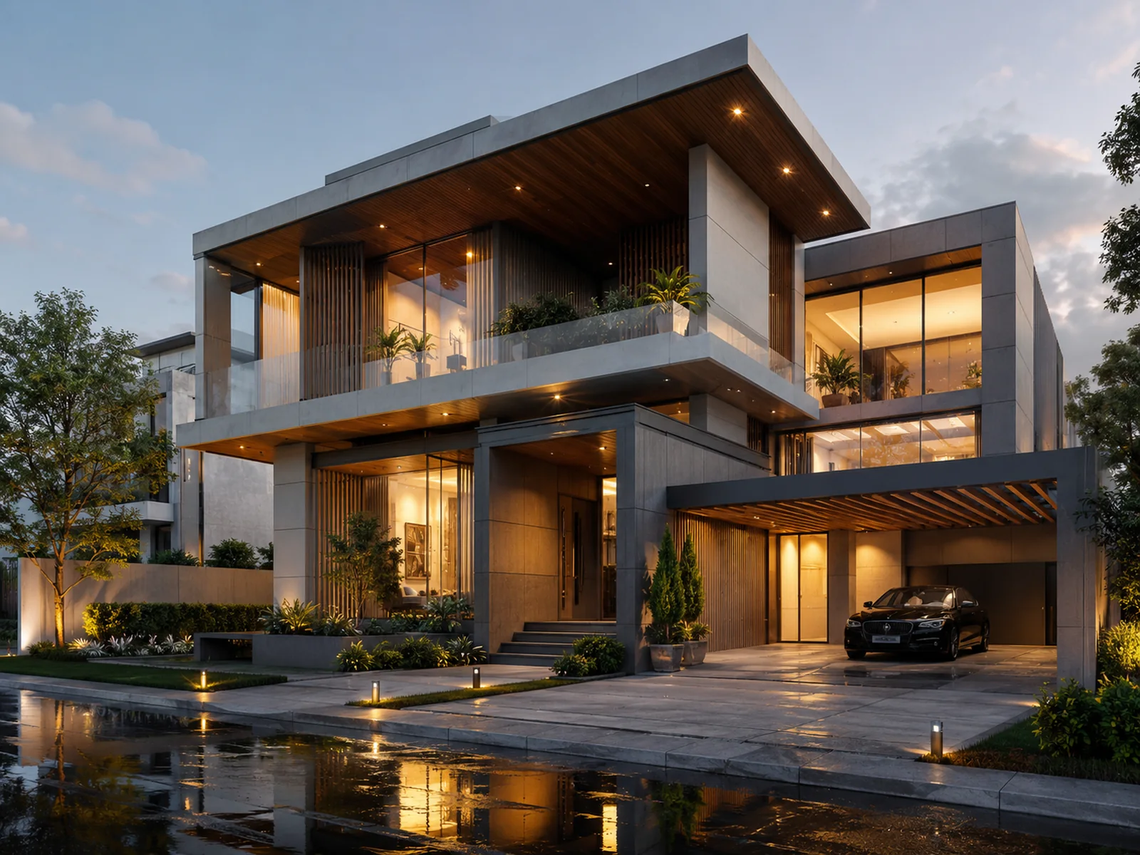 Architectural visualisation of a modern residence at dusk
