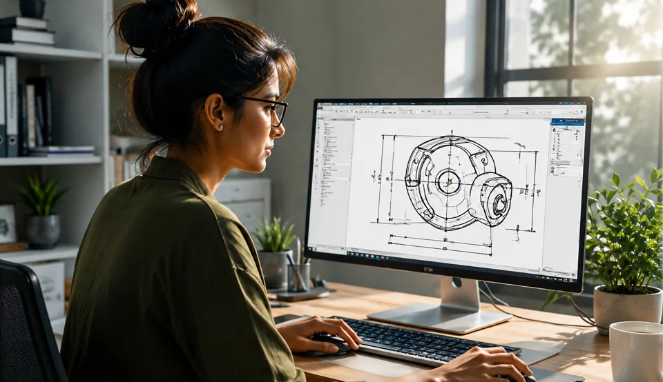 A learner working on a mechanical CAD drawing at a desktop workstation