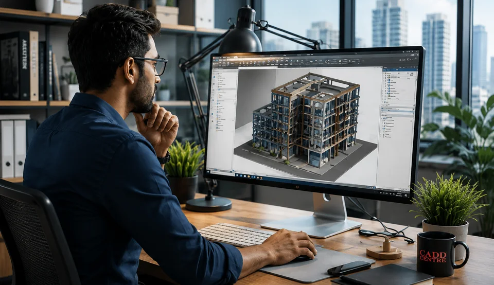 A working professional reviewing a 3D building model on a desktop workstation