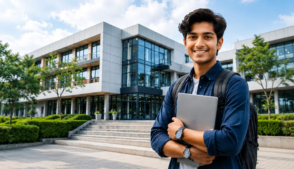 A smiling student holding a laptop outside a college building