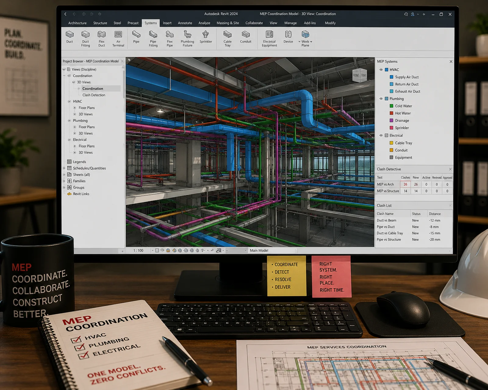 A federated MEP model open in Revit with colour-coded ducting, pipework and electrical services, the systems browser and a clash report alongside