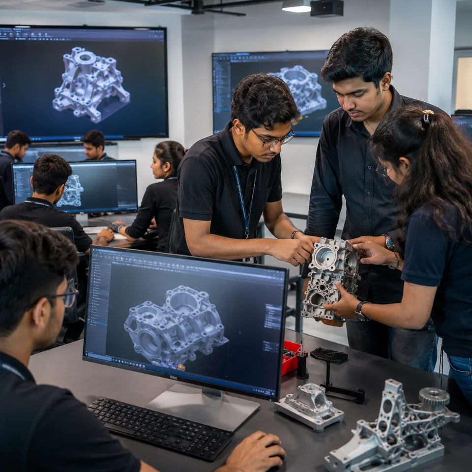 Learners comparing a machined engine housing against the 3D model on screen during a design contest