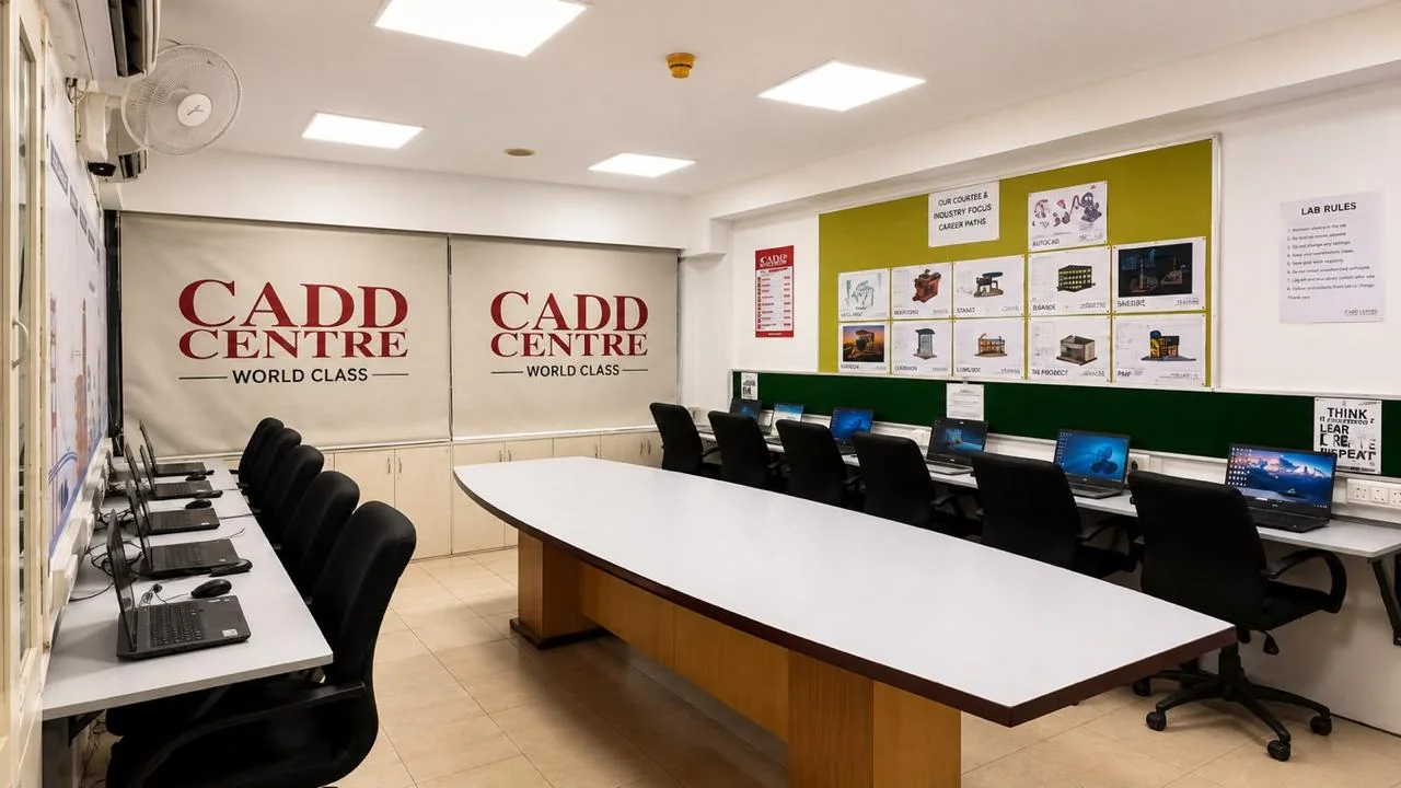 The CAD lab at CADD Centre Gurugram, Sector 14 — workstations around a central table with learner project work displayed on the wall