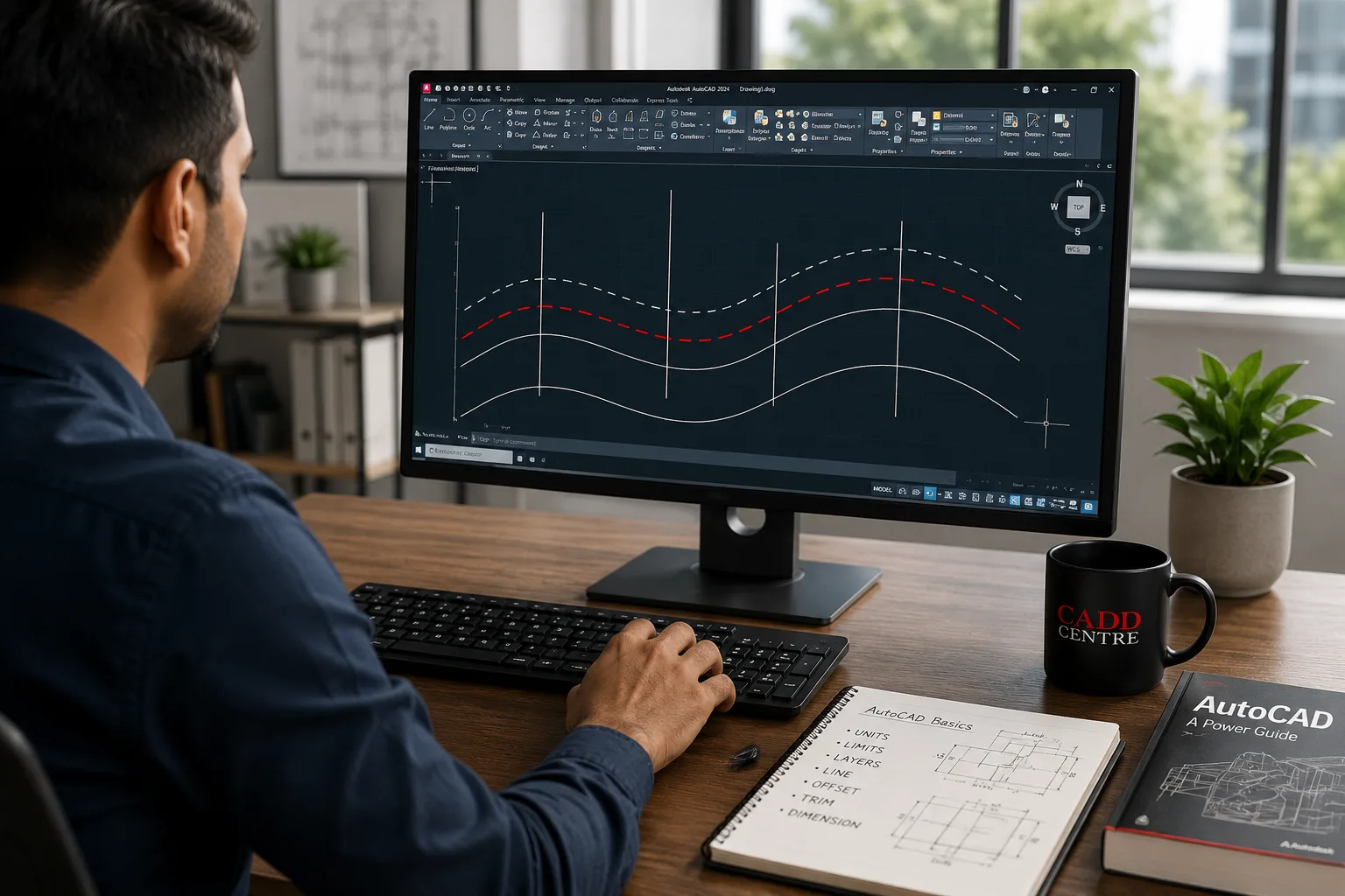 A learner drafting a curved alignment in AutoCAD on a desktop monitor, with an AutoCAD Basics notebook and a CADD Centre mug on the desk