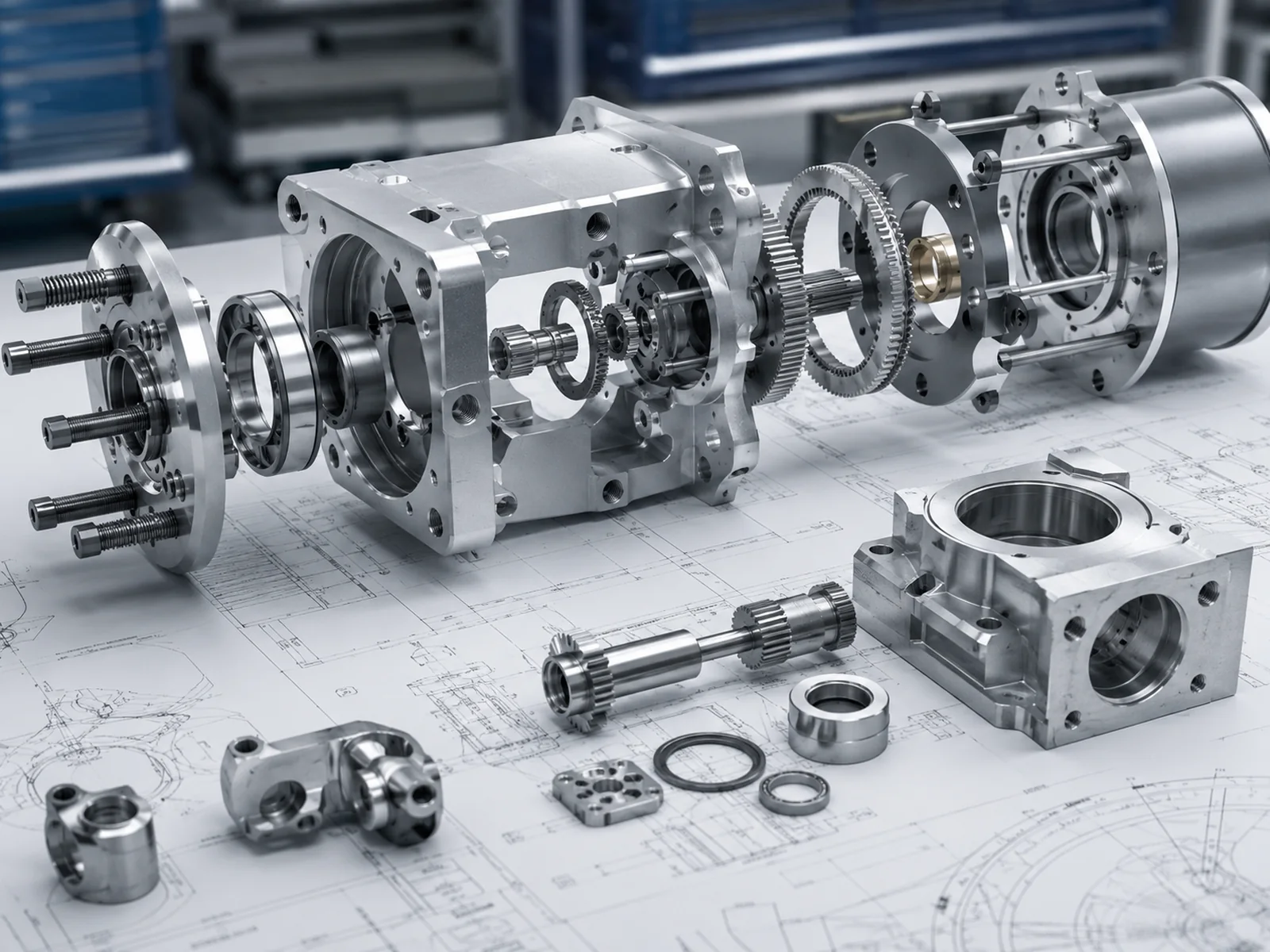 Exploded view of a machined mechanical assembly laid over technical drawings