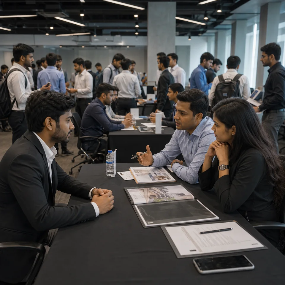 A candidate being interviewed by two panellists across a table at a recruitment drive