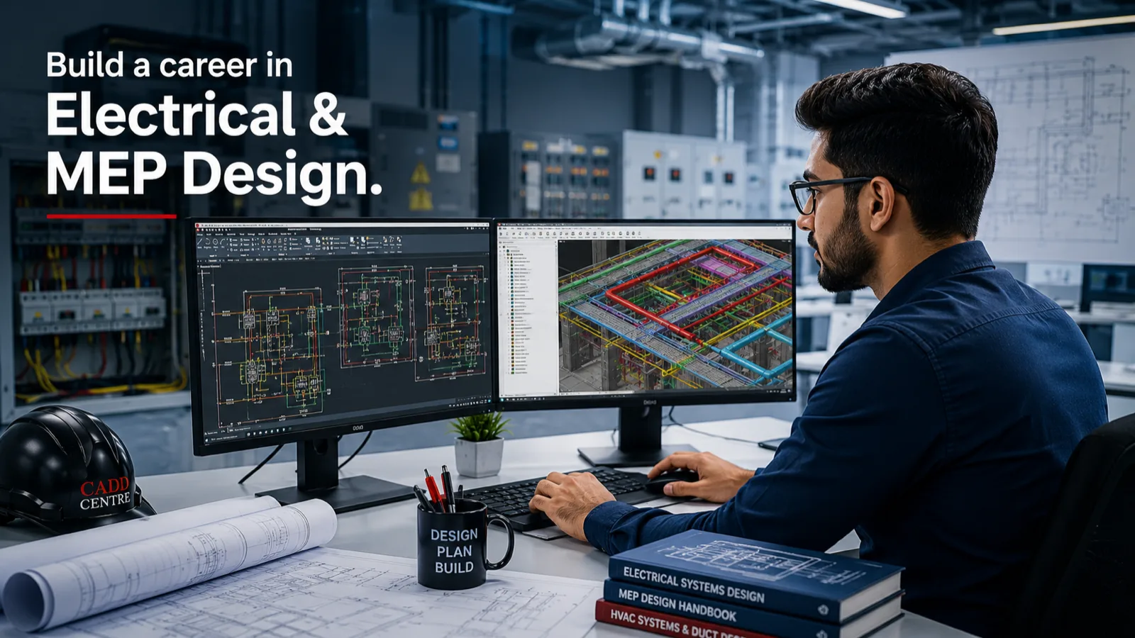 An MEP designer at a dual-monitor workstation with an electrical schematic on one screen and a colour-coded Revit MEP services model on the other, beside rolled drawings, a CADD Centre hard hat and MEP design handbooks