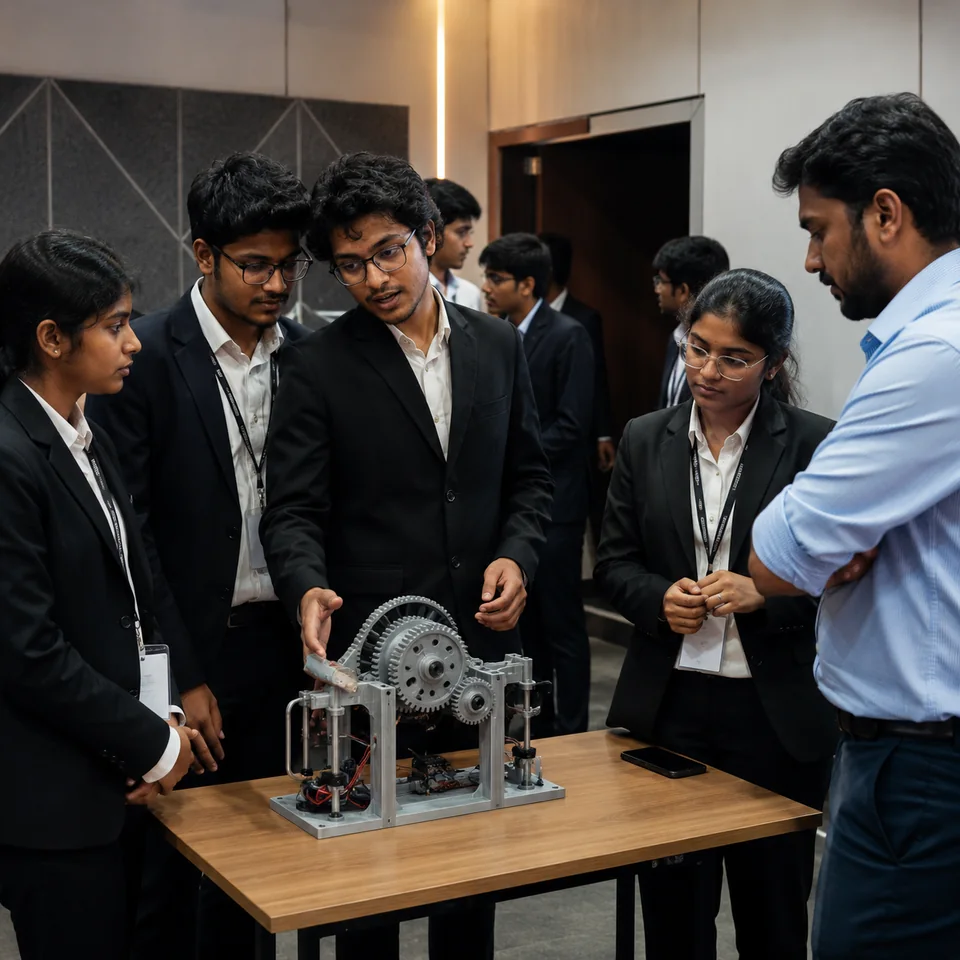 Learners presenting a mechanical gear assembly to a reviewer
