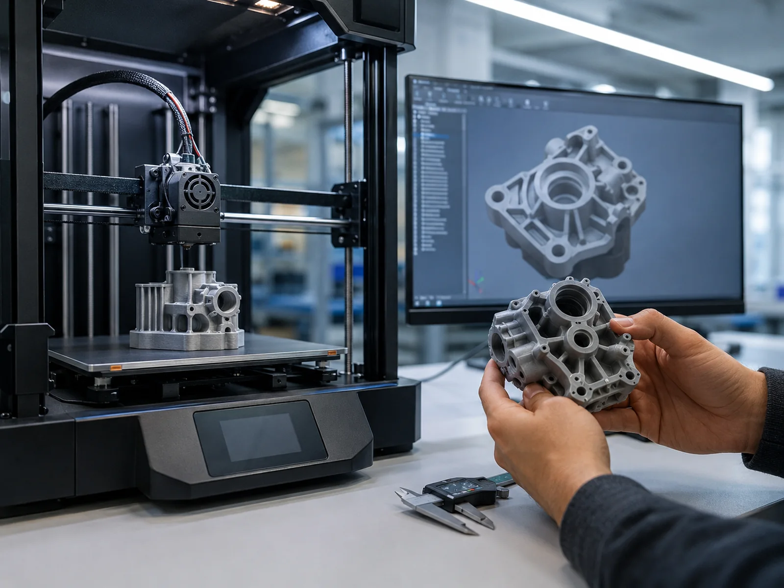 A part being lifted off a 3D printer bed beside the CAD model it was printed from, shown on screen