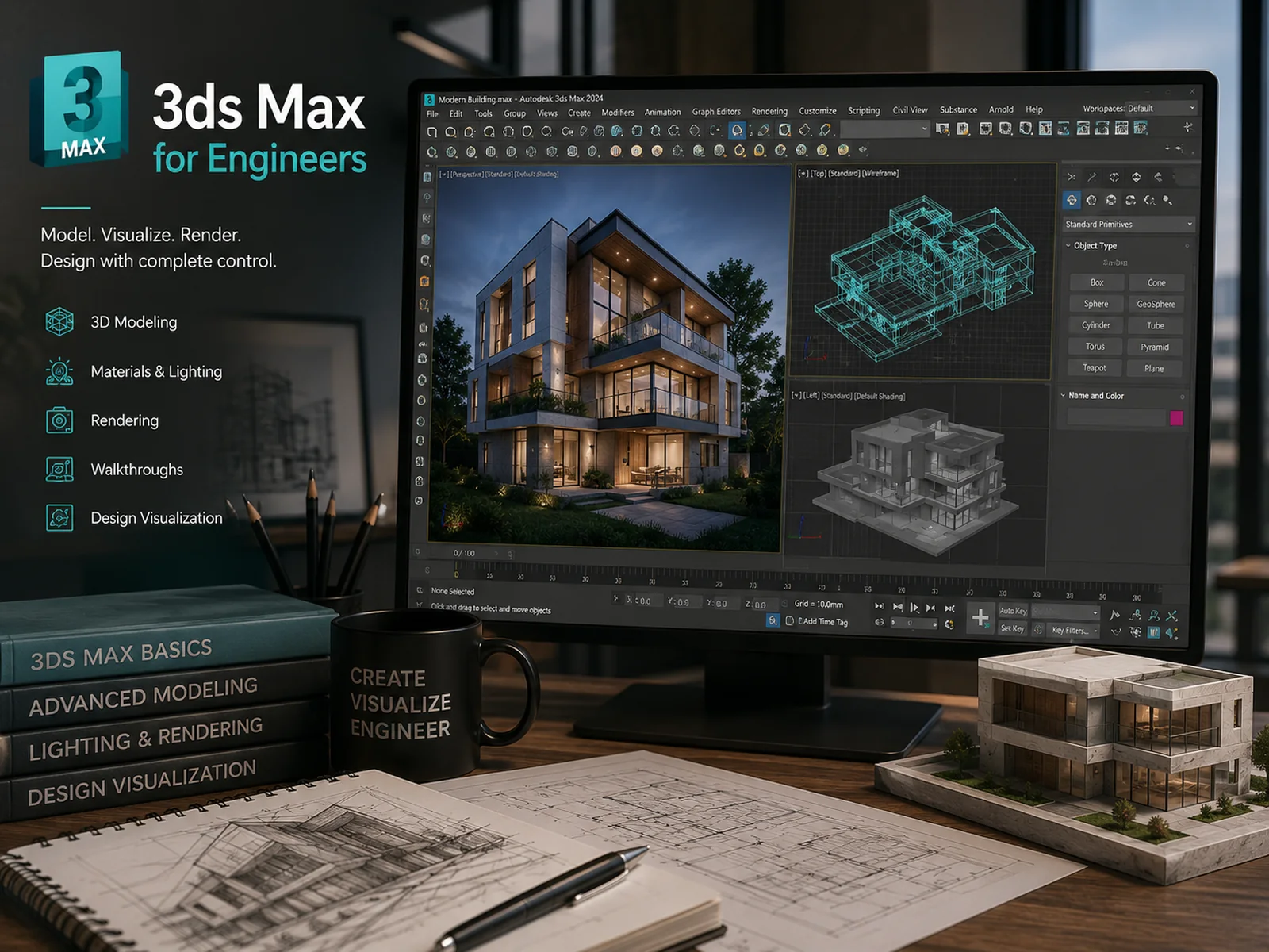 A house in 3ds Max shown across perspective, wireframe and shaded viewports with the modelling panel open, beside a physical massing model and sketches