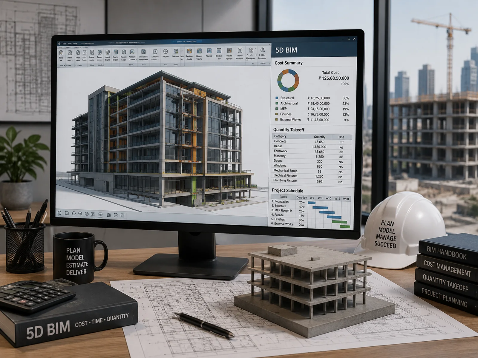 A 5D BIM workspace showing a building model beside a cost summary, a quantity takeoff table and a project schedule, with a concrete frame model on the desk
