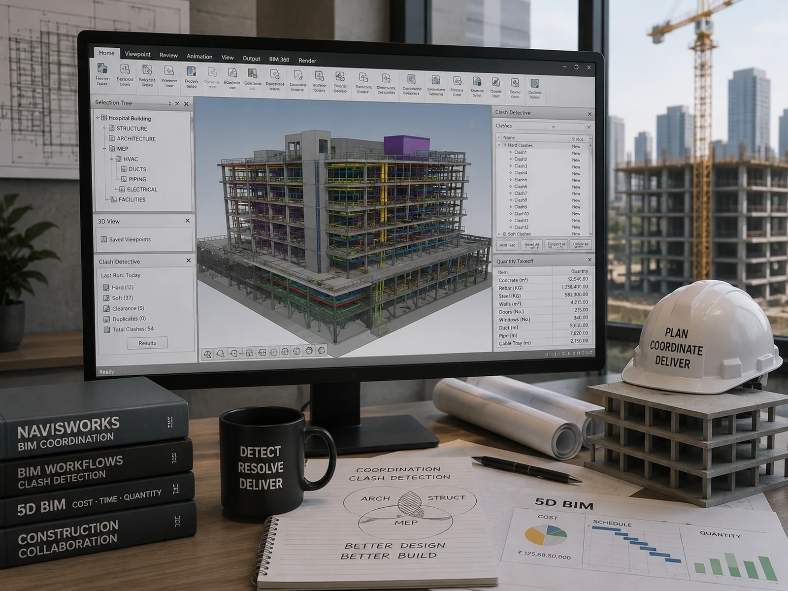 A federated hospital model open in Navisworks with the Clash Detective listing hard and soft clashes and a quantity takeoff panel alongside