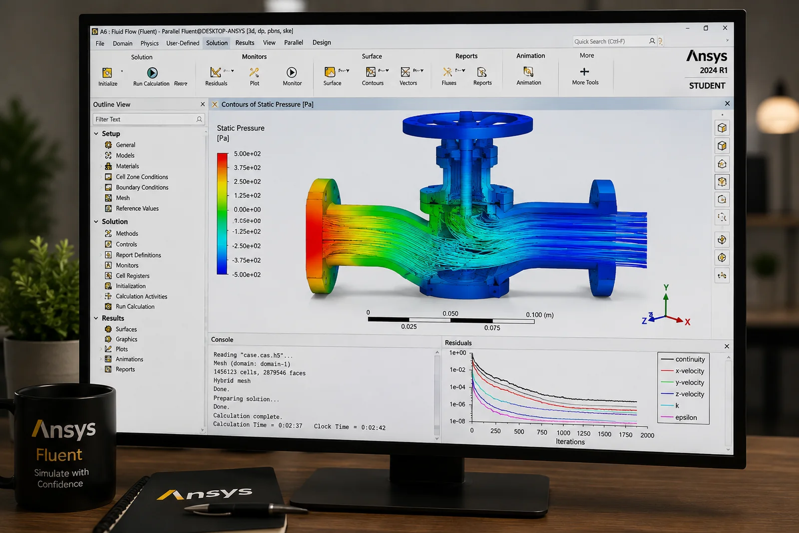 A CFD result in Ansys Fluent showing static pressure contours and flow streamlines through a valve, with the residuals plot converging