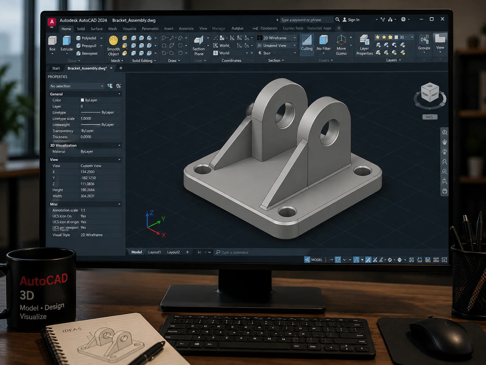 A hinge bracket modelled as a 3D solid in AutoCAD with the properties palette and solid editing tools open, beside a hand sketch of the part