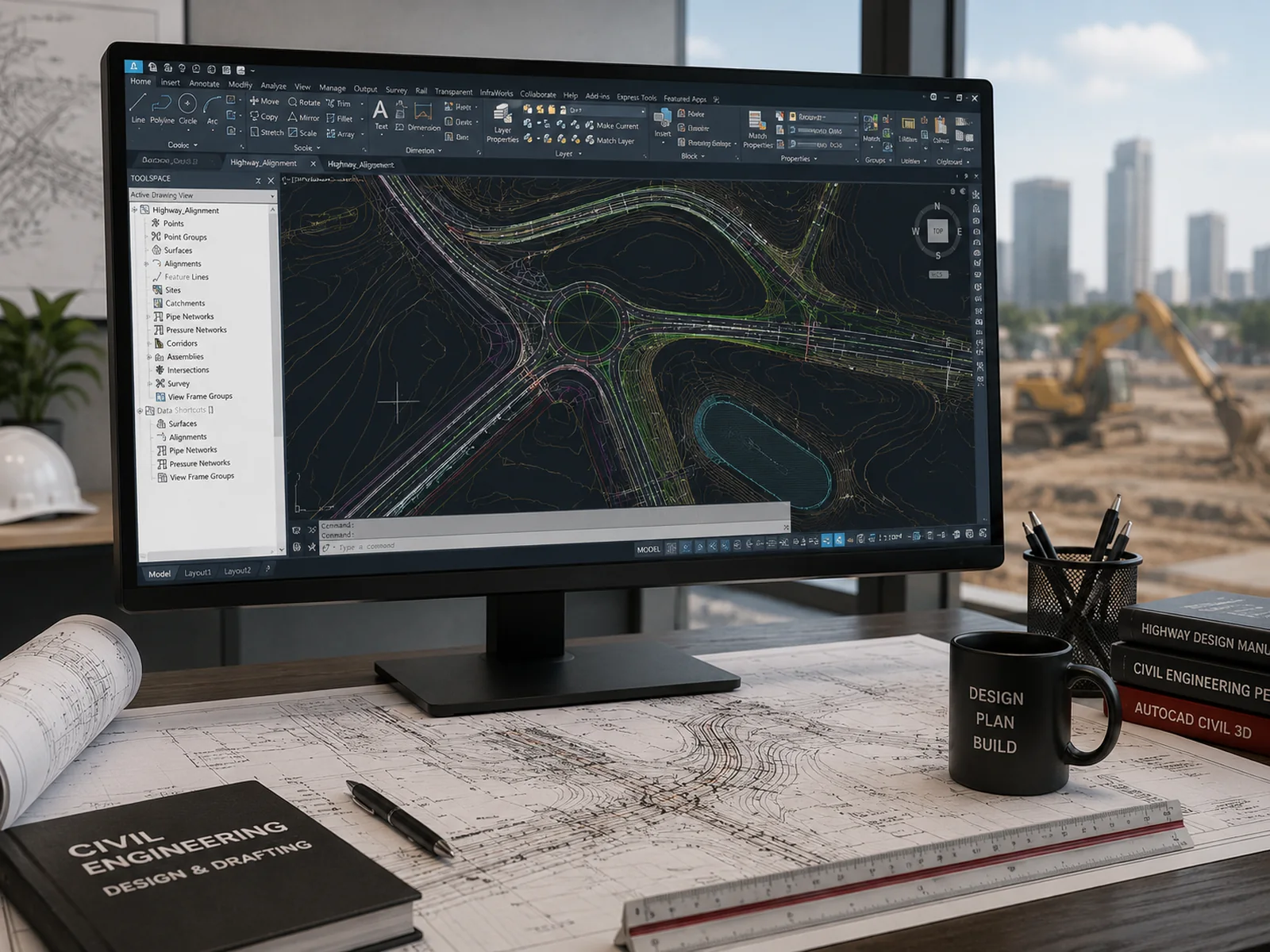 A highway alignment drawing open in AutoCAD Civil showing contours, carriageways and a roundabout, over printed setting-out sheets