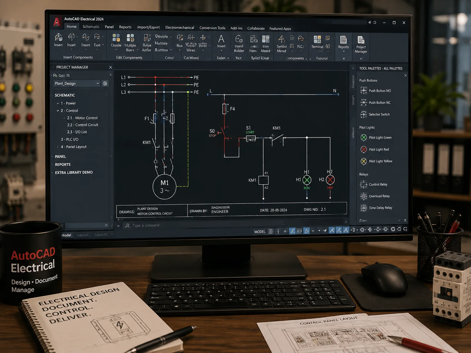 A motor control circuit drawn in AutoCAD Electrical with the project manager, ladder wiring and a components tool palette