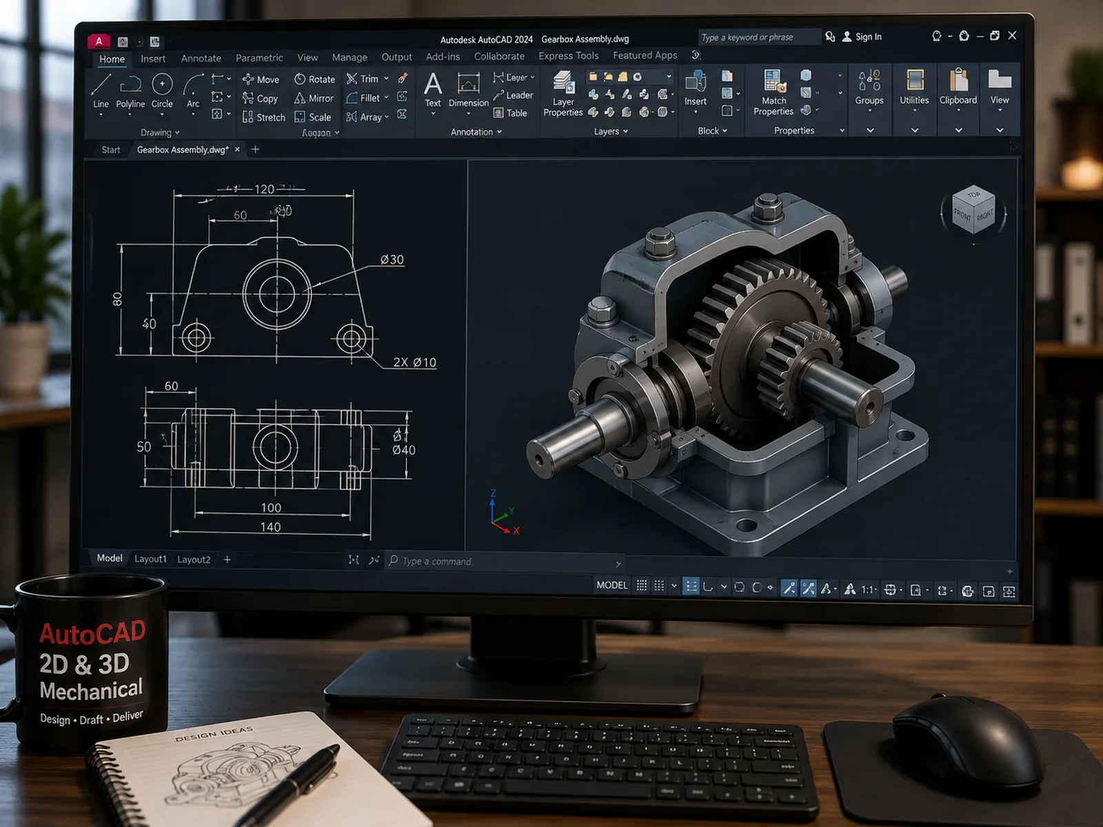 A gearbox in AutoCAD shown as a dimensioned 2D drawing beside the same part as a 3D solid model cut away to reveal the gear train