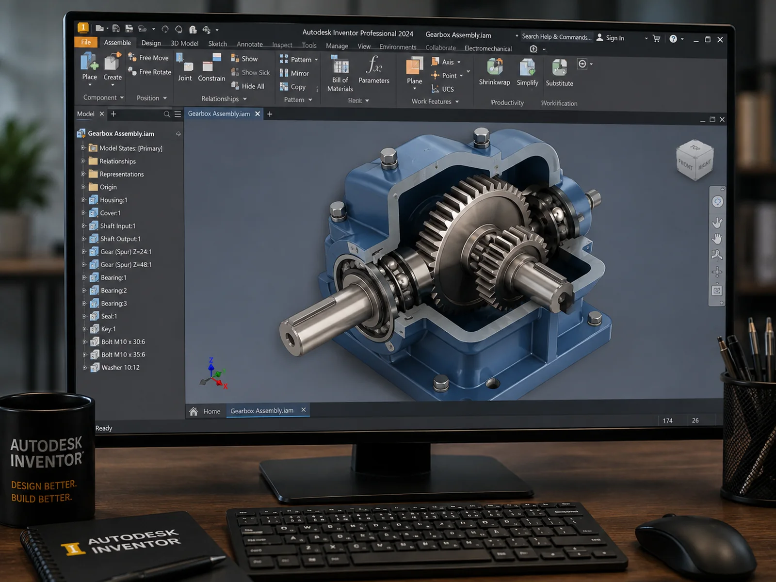 A gearbox assembly cutaway in Autodesk Inventor with its browser listing housing, shafts, spur gears, bearings and fasteners