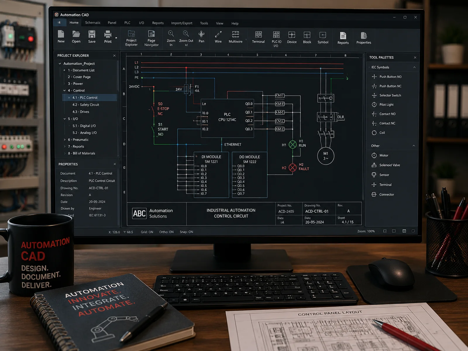 A PLC control circuit drawn in an automation CAD package showing digital and analogue I/O modules, contactors and a motor starter