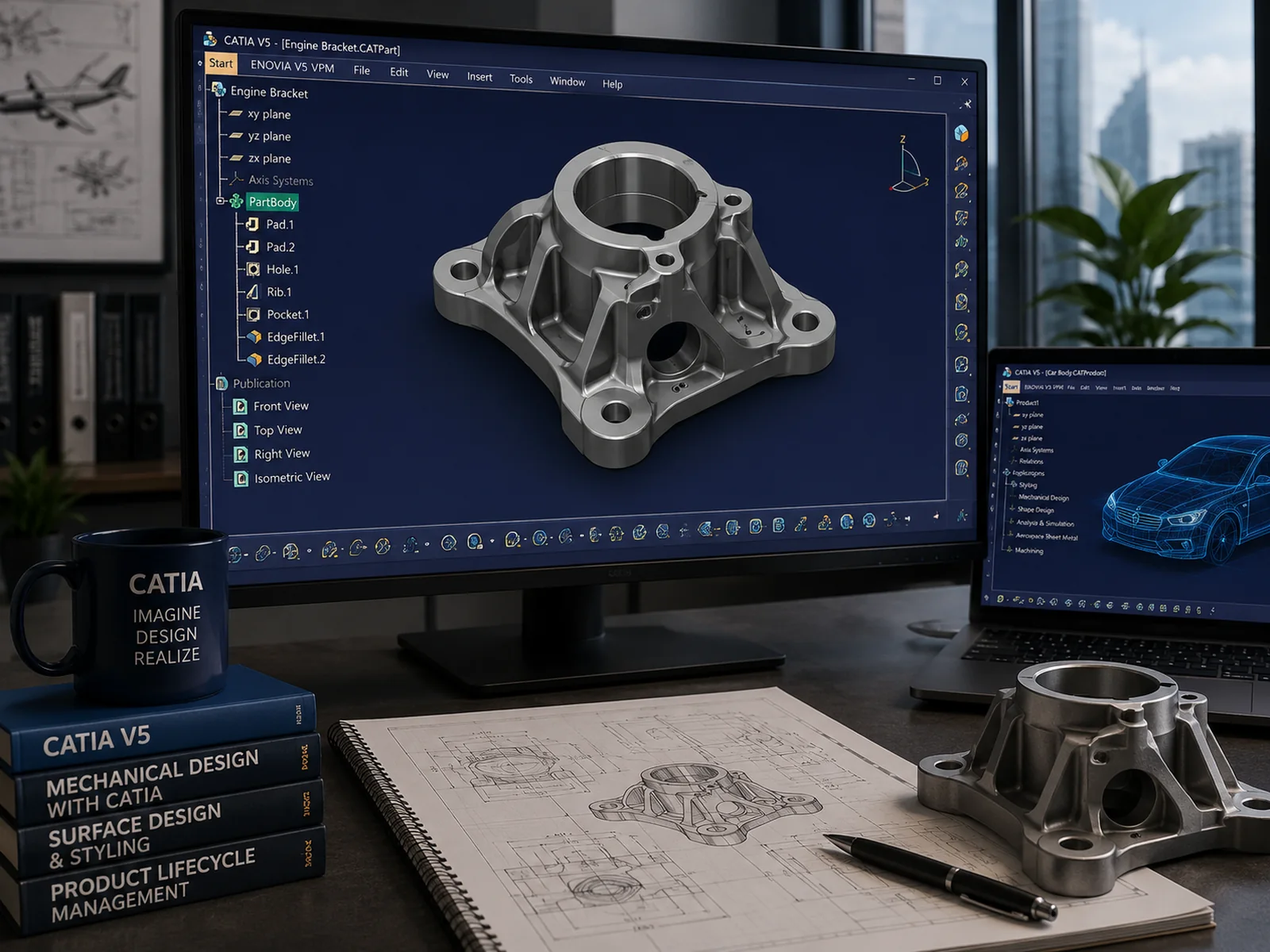 An engine bracket modelled in CATIA V5 with its specification tree of pads, pockets and fillets, beside a detail drawing and the machined part