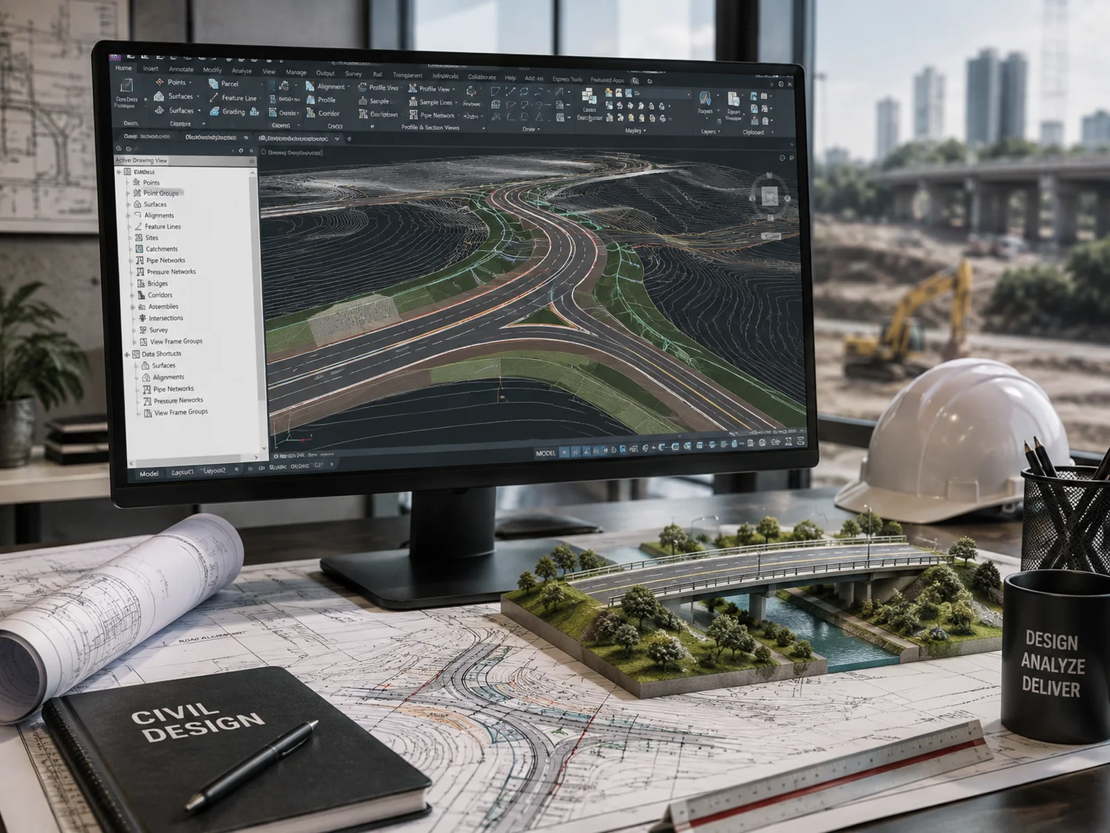 A highway interchange corridor model open in Civil 3D showing alignments and surfaces, beside a physical road and bridge model on drawing sheets