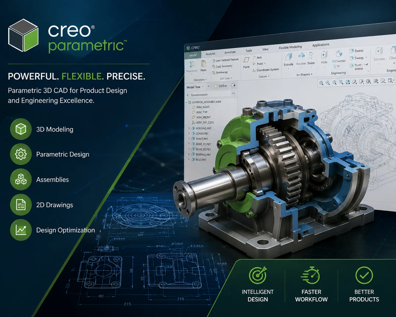 A gearbox assembly shown as a cutaway in Creo Parametric with its model tree of housing, shaft, gear and bearing parts, over dimensioned 2D drawings