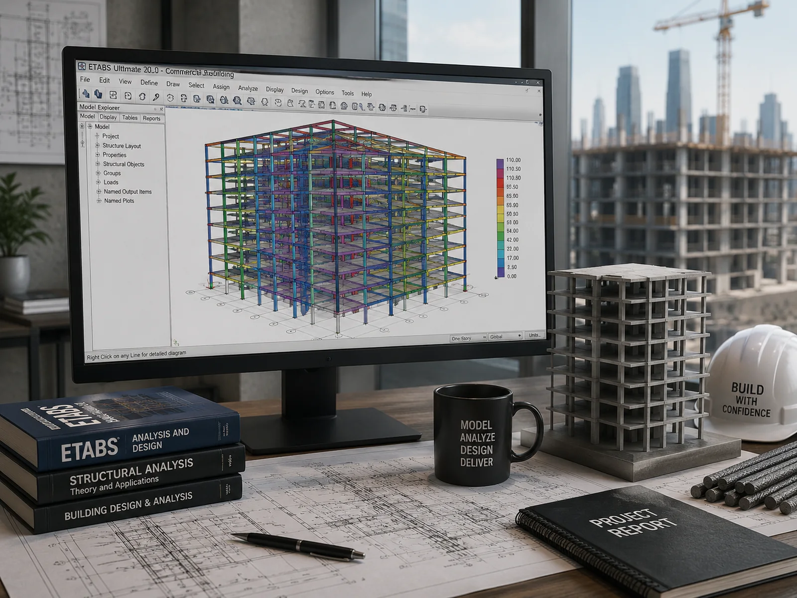A multi-storey building analysed in ETABS with member forces shown as a colour contour and a legend, beside a concrete frame model and drawing sheets