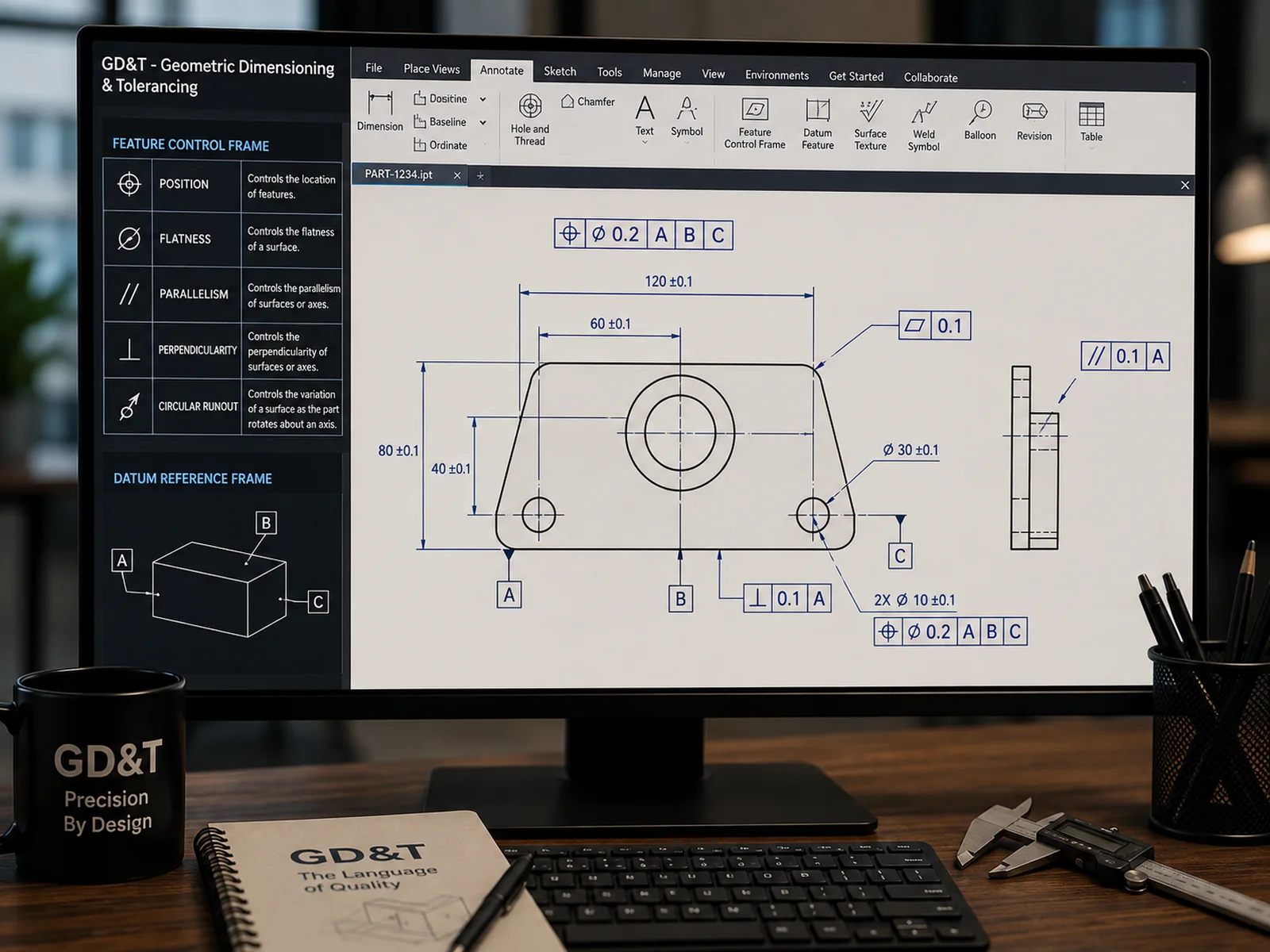 A toleranced part drawing carrying feature control frames and datum references, with a reference panel explaining position, flatness and perpendicularity