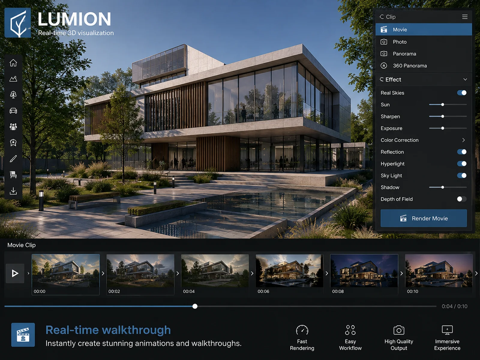 A landscaped office building in Lumion with the movie effects panel open and a walkthrough clip timeline showing the same view from day through to night