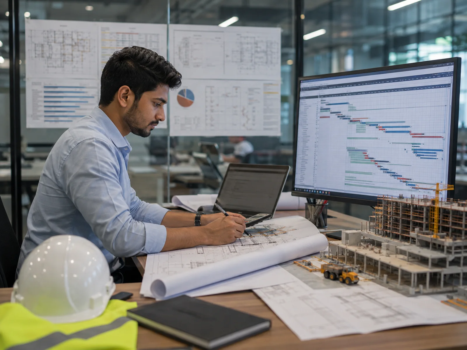 A planner working through a construction programme, with the schedule as a Gantt chart on screen, drawings on the desk and a site model
