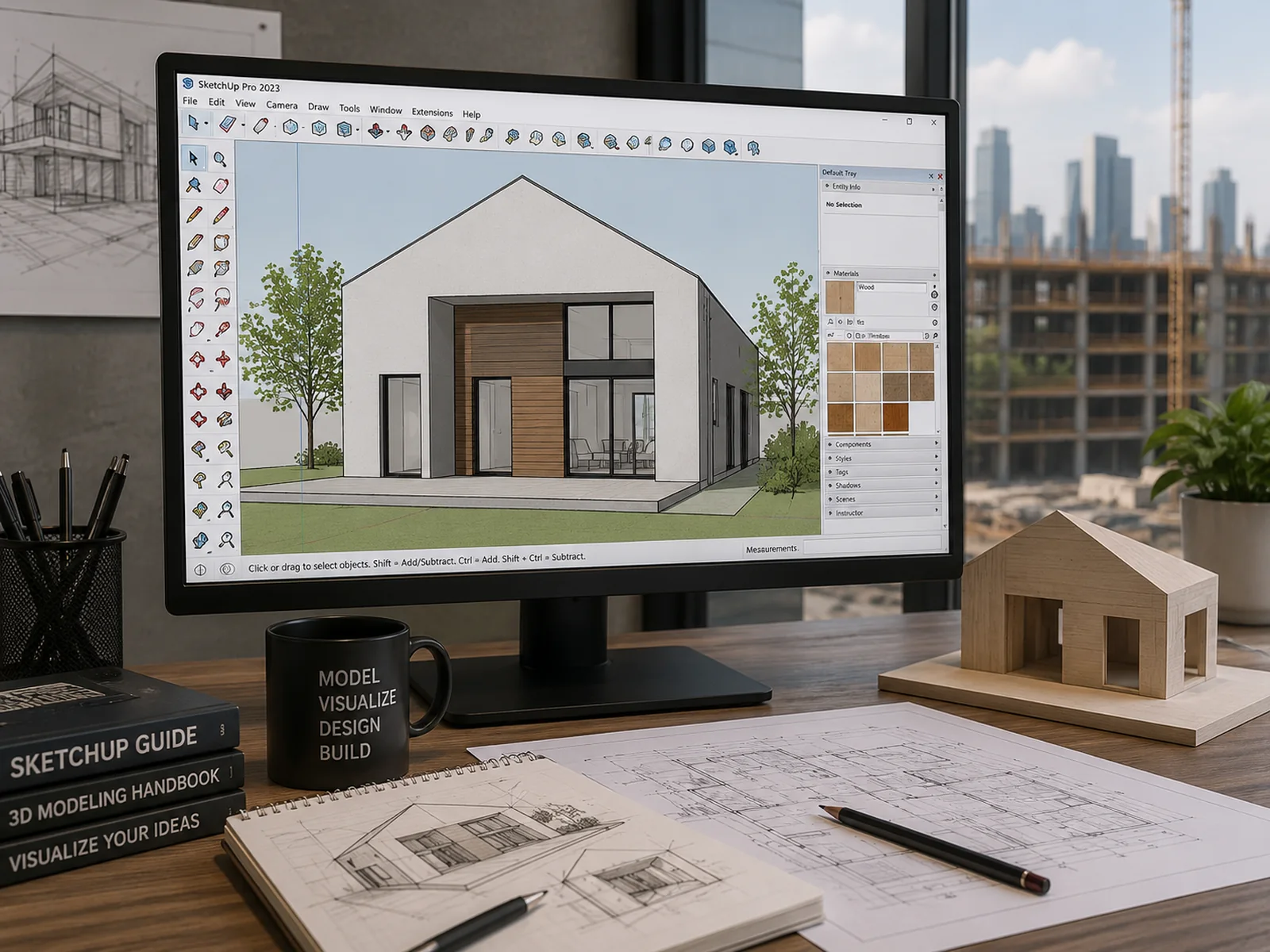 A house modelled in SketchUp with the materials tray open, beside a timber massing model and a sketchbook of hand-drawn elevations