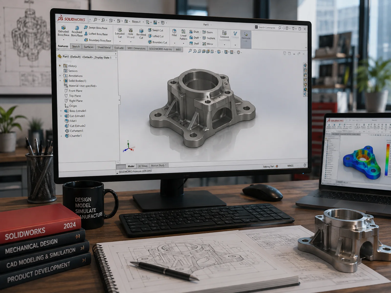 A machined bearing housing modelled in SolidWorks with its feature tree, a simulation result on a laptop, and the finished metal part on the desk