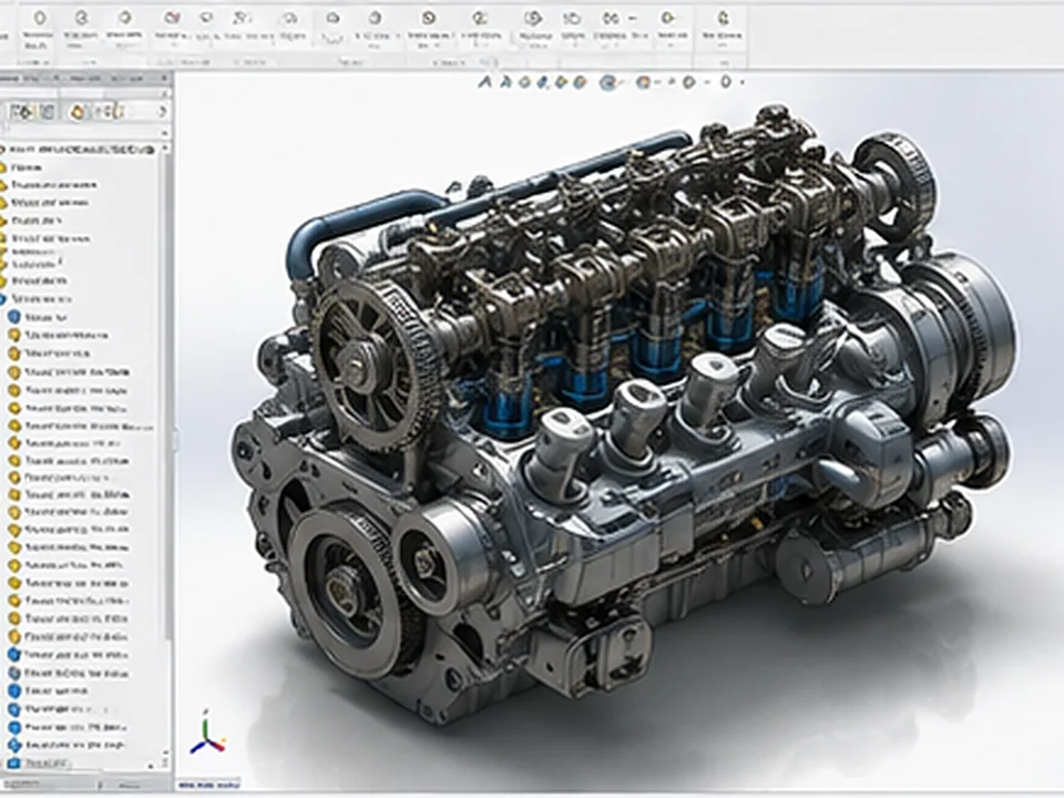 3D model of a mechanical engine assembly created in SolidWorks