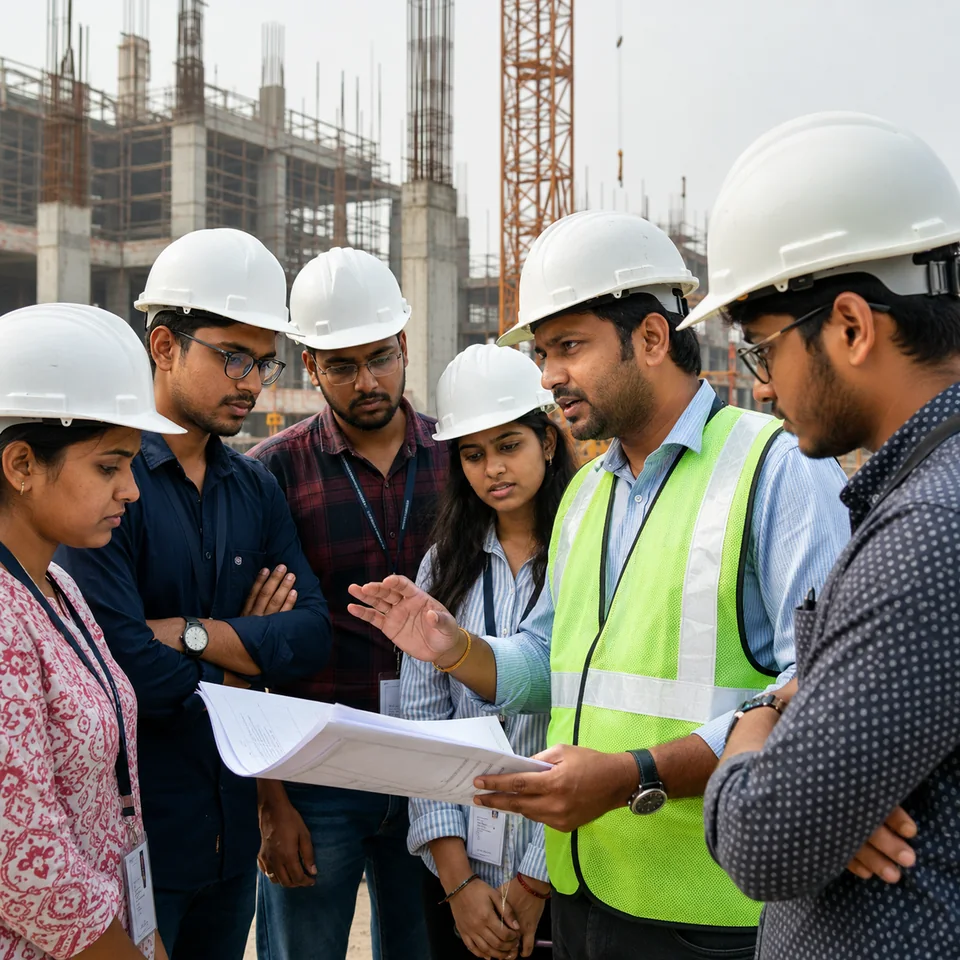 Engineers in hard hats reviewing drawings on a construction site
